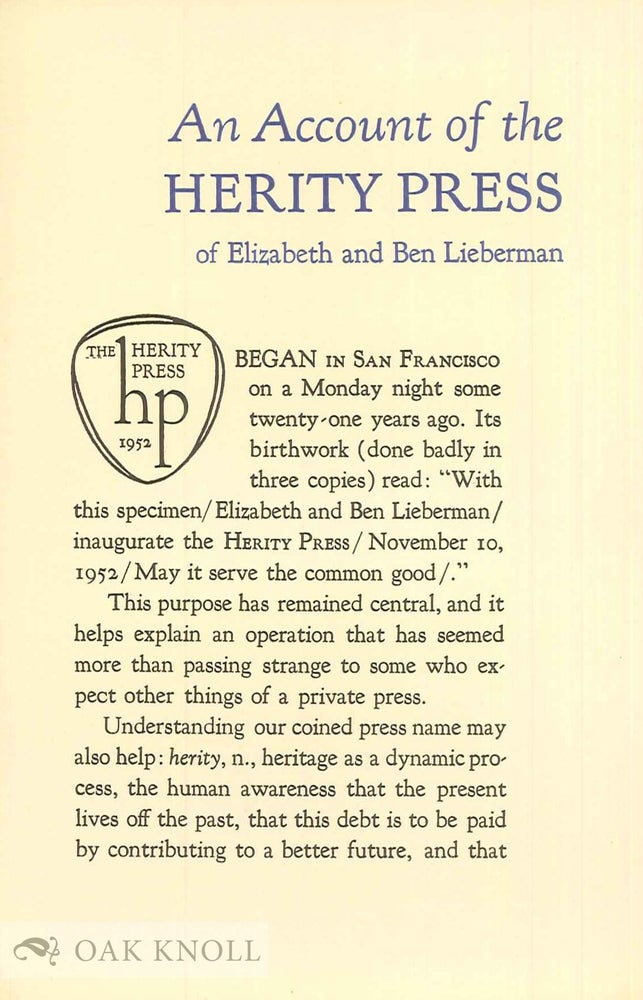 Order Nr. 9462 AN ACCOUNT OF THE HERITY PRESS. Elizabeth Lieberman, Ben.