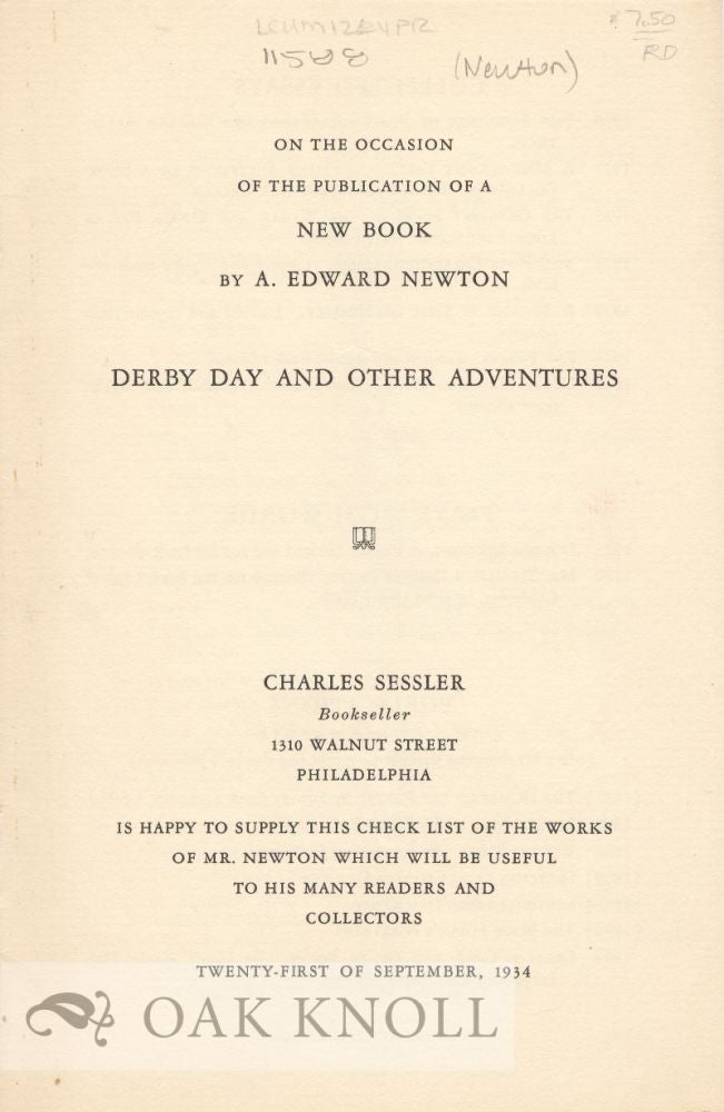 Order Nr. 11588 ON THE OCCASION OF THE PUBLICATION OF A NEW BOOK BY A. EDWARD NEWTON, DERBY DAY AND OTHER ADVENTURES.