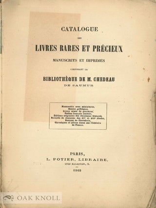 Order Nr. 14153 CATALOGUE DES LIVRES RARES ET PRECIEUX, MANUSCRITS ET IMPRIMES COMPOSANT LA...
