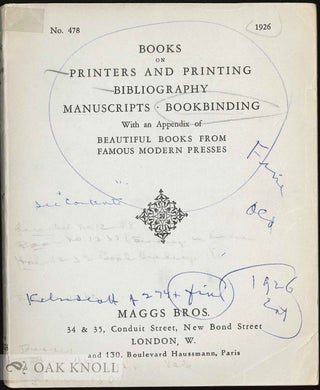 Order Nr. 17420 BOOKS ON PRINTERS AND PRINTING, BIBLIOGRAPHY, MANUSCRIPTS, BOOKBINDING WITH AN...