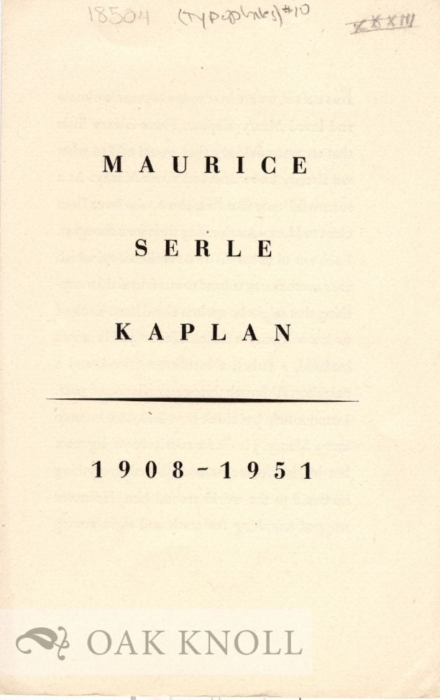 Order Nr. 18504 MAURICE SERLE KAPLAN, 1908-1951. M33.