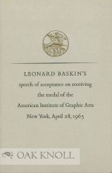 Order Nr. 19956 LEONARD BASKIN'S SPEECH OF ACCEPTANCE ON RECEIVING THE MEDAL OF THE AMERICAN INSTITUTE OF GRAPHIC ARTS.
