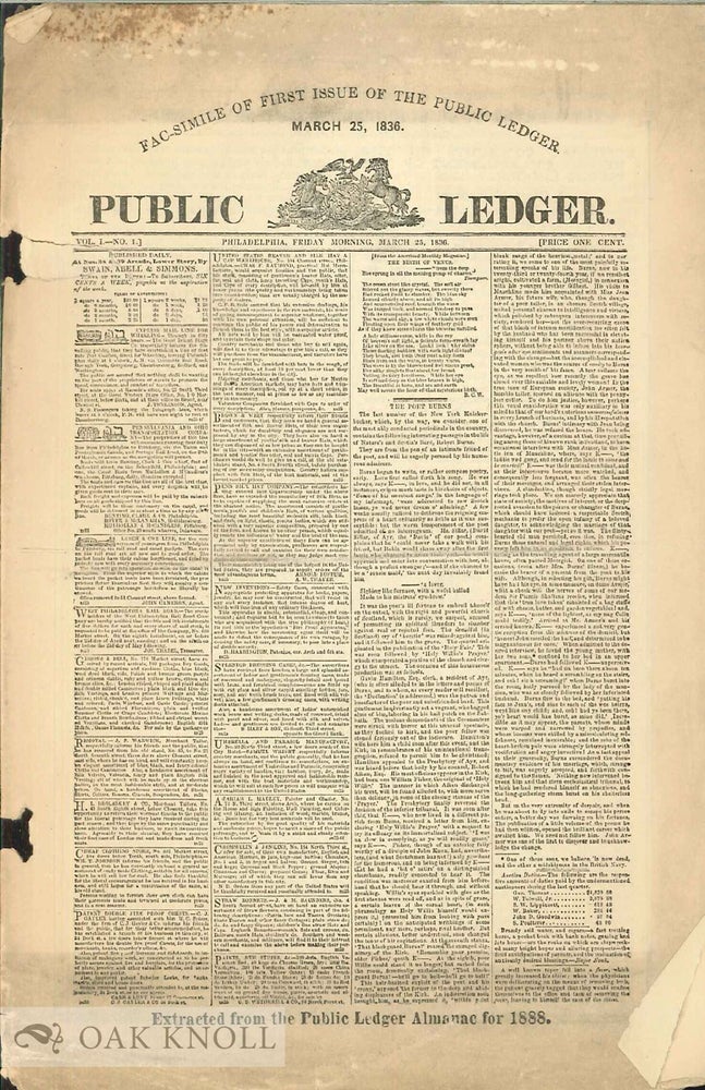 Order Nr. 22349 FAC-SIMILE OF FIRST ISSUE OF THE PUBLIC LEDGER, MARCH 25, 1836.