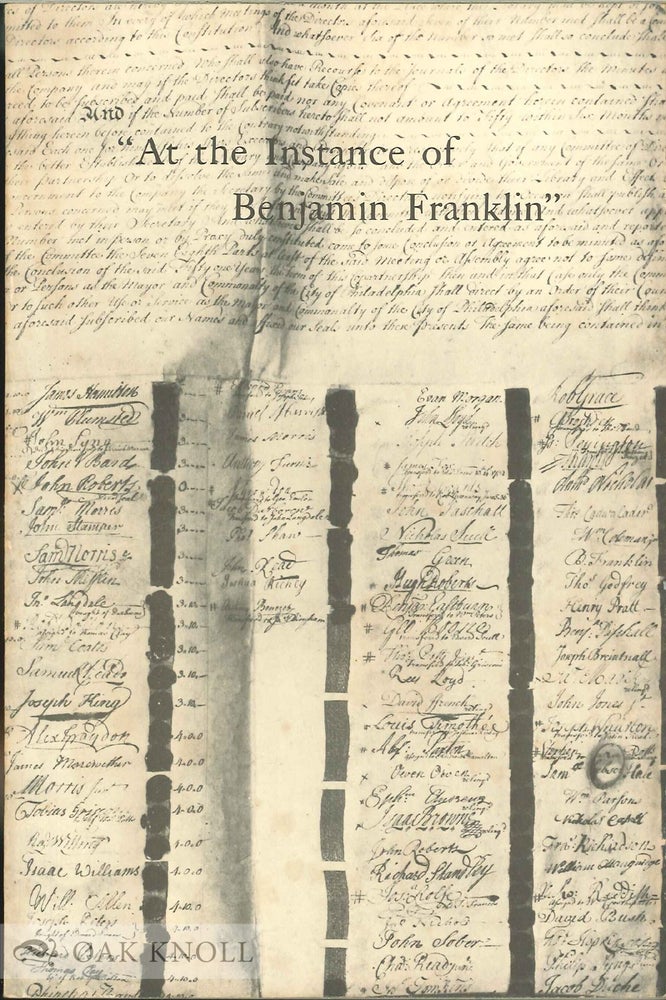 Order Nr. 22643 " AT THE INSTANCE OF BENJAMIN FRANKLIN, A BRIEF HISTORY OF THE LIBRARY" Edwin Wolf.