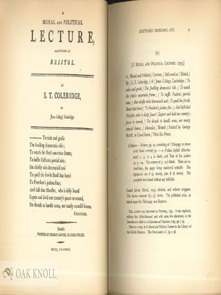 BIBLIOGRAPHY OF THE WRITINGS IN PROSE AND VERSE OF SAMUEL TAYLOR COLERIDGE. With COLERIDGEIANA, BEING A SUPPLEMENT TO THE BIBLIOGRAPHY OF COLERIDGE.