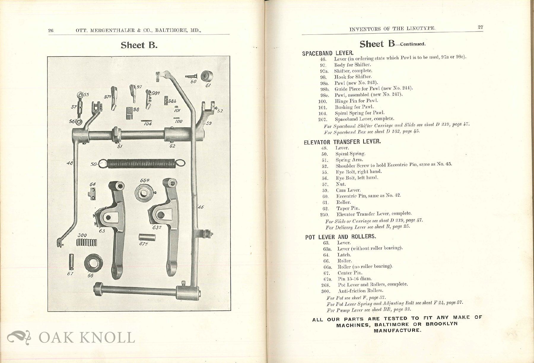 ILLUSTRATED CATALOGUE OF LINOTYPE PARTS MANUFACTURED AND SOLD BY OTT ...