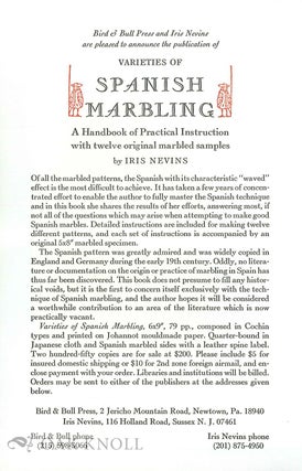 VARIETIES OF SPANISH MARBLING, A HANDBOOK OF PRACTICAL INSTRUCTION WITH TWELVE ORIGINAL MARBLED SAMPLES.