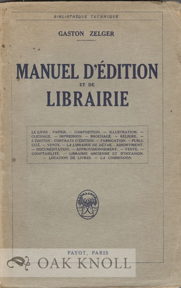 Order Nr. 32380 MANUEL D'EDITION ET DE LIBRAIRIE. Gaston Zelger.