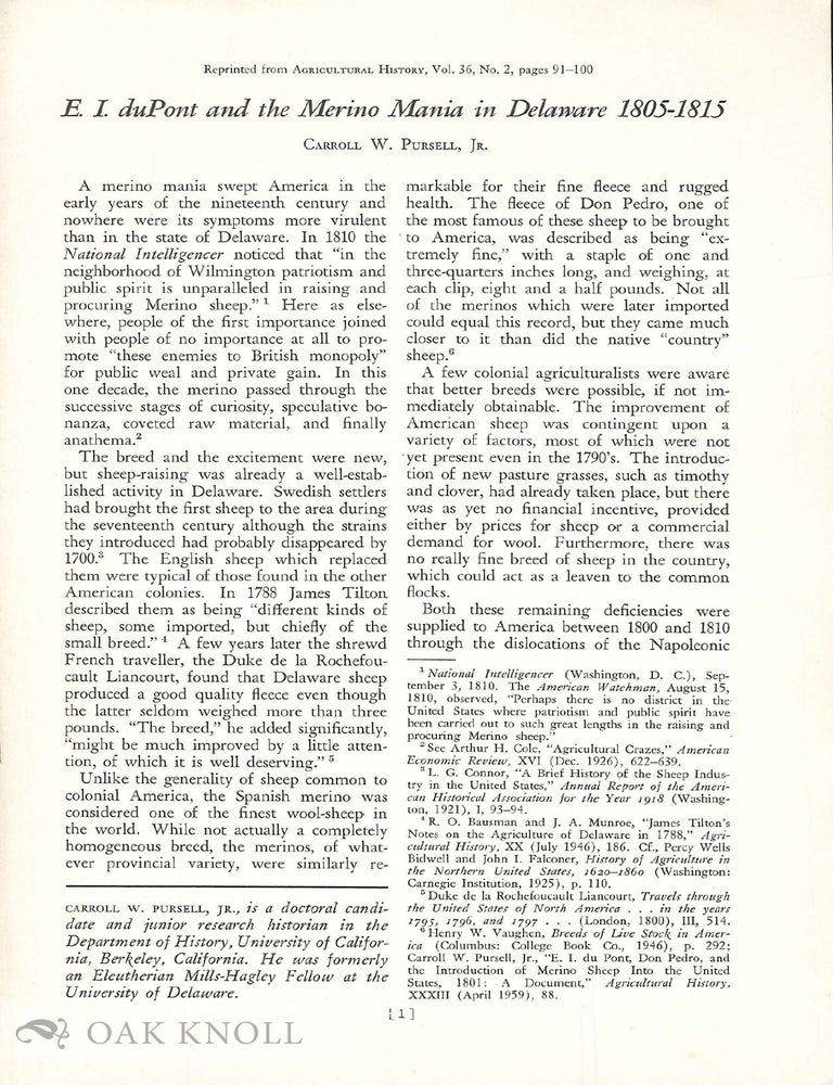 Order Nr. 38967 E.I. DU PONT AND THE MERINO MANIA IN DELAWARE 1805-1815. Carroll W. Pursell Jr.