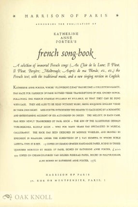 HARRISON OF PARIS ANNOUNCES THE PUBLICATION OF KATHERINE ANNE PORTER'S FRENCH SONG-BOOK