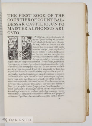 COURTYER OF COUNT BALDESSAR CASTILIO, DIVIDED INTO FOURE BOOKES. VERY NECESSARY FOR YONGE GENTILMEN & GENTILWOMEN ABIDING IN COURT, PALAICE, OR PLACE, DONE INTO ENGLYSHE BY THOMAS HOBY.
