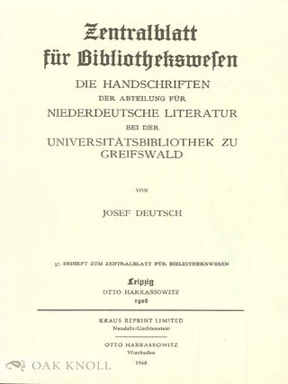 Order Nr. 45994 HANDSCHRIFTEN DER ABTEILUNG FUR NIEDERDEUTSCHE LITERATURE BEI DER...