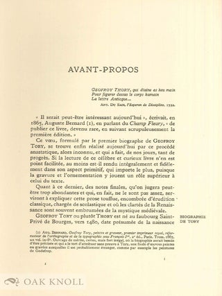 CHAMP FLEURY OU L'ART ET SCIENCE DE LA PROPORTION DES LETTRES, Reproduction Phototypique de L'&Eacute;dition Princeps de Paris 1529. Pr&eacute;ced&eacute;e d'un Avant-propos et suivie de Notes, Index et Glossaire par Gustave Cohen.