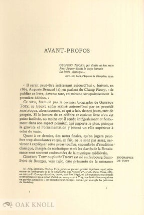CHAMP FLEURY OU L'ART ET SCIENCE DE LA PROPORTION DES LETTRES, Reproduction Phototypique de L'Édition Princeps de Paris 1529. Précedée d'un Avant-propos et suivie de Notes, Index et Glossaire par Gustave Cohen.