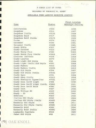 Order Nr. 50946 SELECTED SPECIMEN SHEETS AND A CHECK LIST OF TYPE DESIGNED BY FREDERIC W. GOUDY...