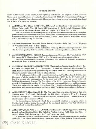 BOOKS ON POULTRY AND COCK-FIGHTING, A COLLECTORS BIBLIOGRAPHY.