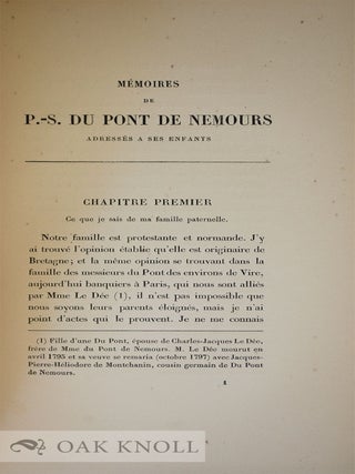 L'ENFANCE ET LA JEUNESSE DE DU PONT DE NEMOURS RACONTEES PAR LUI-MEME.