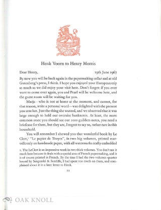 HENK VOORN TO HENRY MORRIS, SELECTED CORRESPONDENCE, JUNE 1967--JULY 1981.