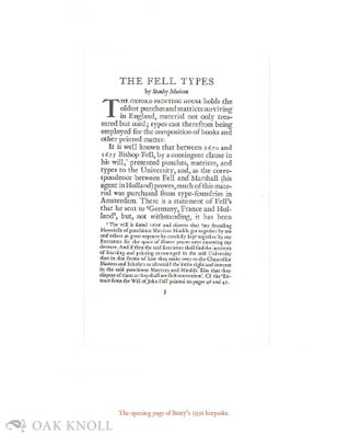 STANLEY MORISON & 'JOHN FELL': THE STORY OF THE WRITING AND PRINTING OF STANLEY MORISON'S BOOK JOHN FELL, THE UNIVERSITY PRESS AND THE 'FELL' TYPES
