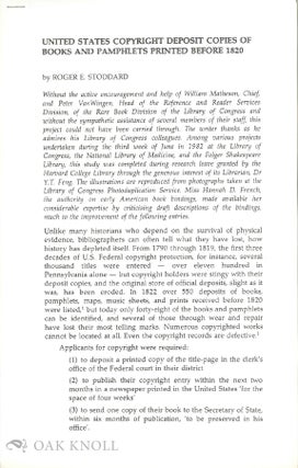 Order Nr. 79273 UNITED STATES COPYRIGHT DEPOSIT COPIES OF BOOKS AND PAMPHLETS PRINTED BEFORE...