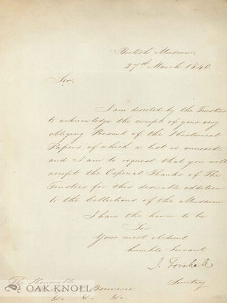 Order Nr. 80669 A.L.s. from J. Forshall of the British Museum, 27 March 1840, to the Hon. Philip...