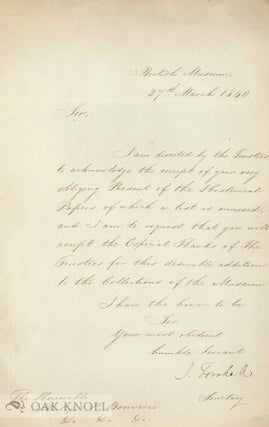 Order Nr. 80669 ALS. from J. Forshall of the British Museum, 27 March 1840, to the Hon. Philip P....