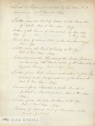 A.L.s. from J. Forshall of the British Museum, 27 March 1840, to the Hon. Philip P. Bouverie, thanking him for "your very obliging Present of the Historical Papers", together with, in Forshall’s hand, a ‘List of Papers presented by the Hon. J.P. Bouverie, 21 March 1840’, together with, heavily corrected proof sheets ‘Report on the Manuscripts of Philip Pleydell Bouverie, Esq.’, compiled by H. C. Maxwell Lyte for the Historical Manuscripts Commission.