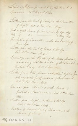 ALS. from J. Forshall of the British Museum, 27 March 1840, to the Hon. Philip P. Bouverie, thanking him for "your very obliging Present of the Historical Papers", together with, in Forshall’s hand, a ‘List of Papers presented by the Hon. J.P. Bouverie, 21 March 1840’, together with, heavily corrected proof sheets ‘Report on the Manuscripts of Philip Pleydell Bouverie, Esq.’, compiled by H. C. Maxwell Lyte for the Historical Manuscripts Commission.