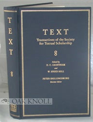 Order Nr. 87141 TEXT, TRANSACTIONS OF THE SOCIETY FOR TEXTUAL SCHOLARSHIP. 8. D. C. Greetham, W. Speed Hill.