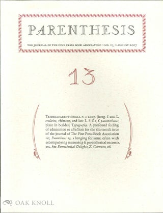 Order Nr. 97564 PARENTHESIS: THE NEWSLETTER OF THE FINE PRESS BOOK ASSOCIATION. NO.13