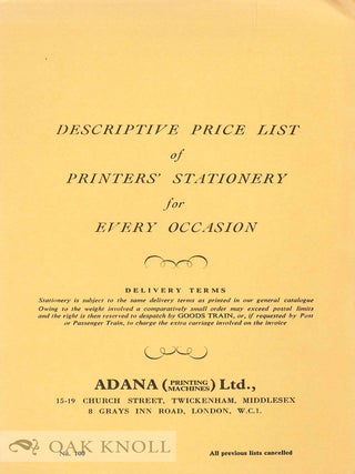 CATALOGUE OF PRINTING MACHINES, TYHPE, ACCESSORIES, TOOLS, STATIONERY & CARDS.