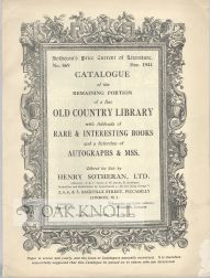 Order Nr. 101346 CATALOGUE OF THE REMAINING PORTION OF A FINE OLD COUNTRY LIBRARY WITH AN ADDENDA...