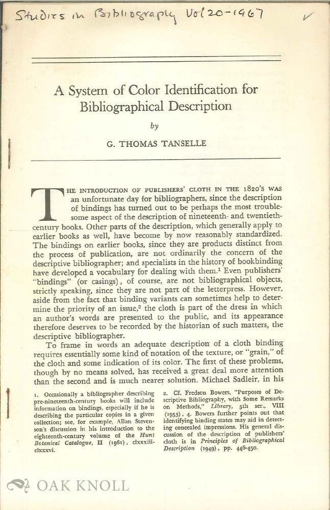 Order Nr. 106927 A SYSTEM OF COLOR IDENTIFICATION FOR BIBLIOGRAPHICAL DESCRIPTION. G. Thomas Tanselle.