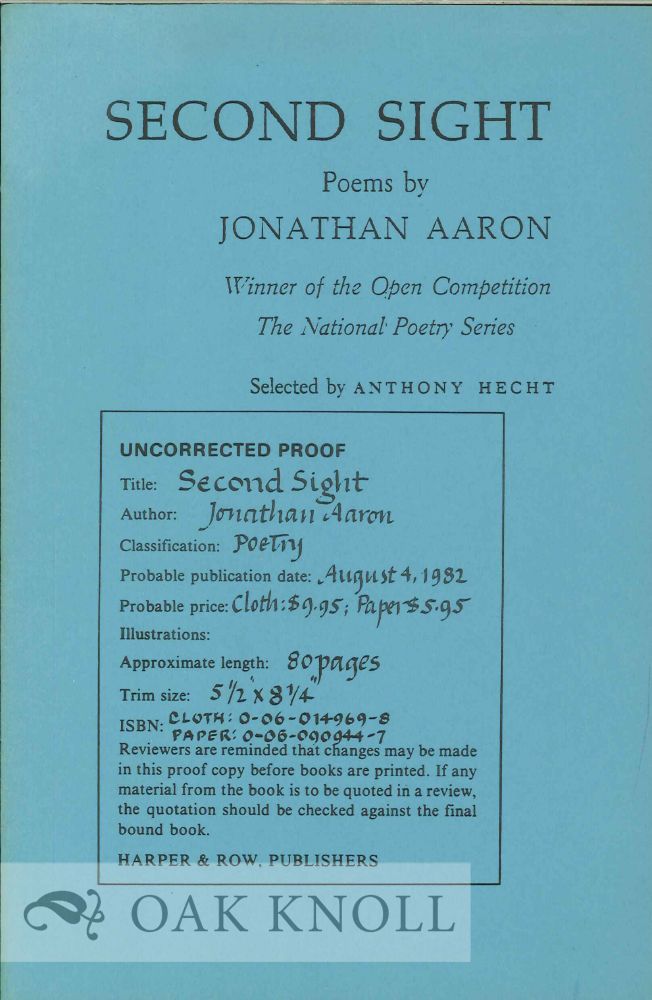Order Nr. 112268 SECOND SIGHT: POEMS. SELECTED BY ANTHONY HECHT. Jonathan Aaron.