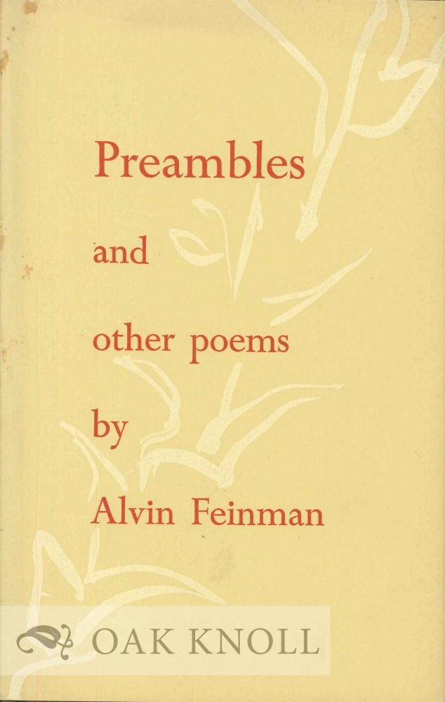 Order Nr. 112777 PREAMBLES AND OTHER POEMS. Alvin Feinman.