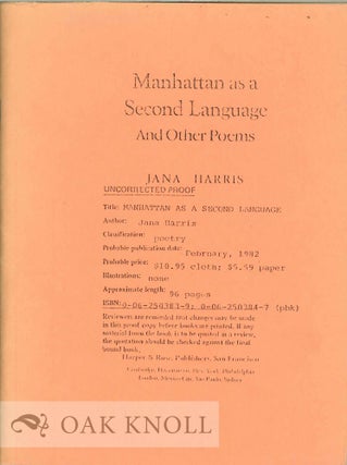 Order Nr. 112957 MANHATTAN AS A SECOND LANGUAGE AND OTHER POEMS. Jana Harris
