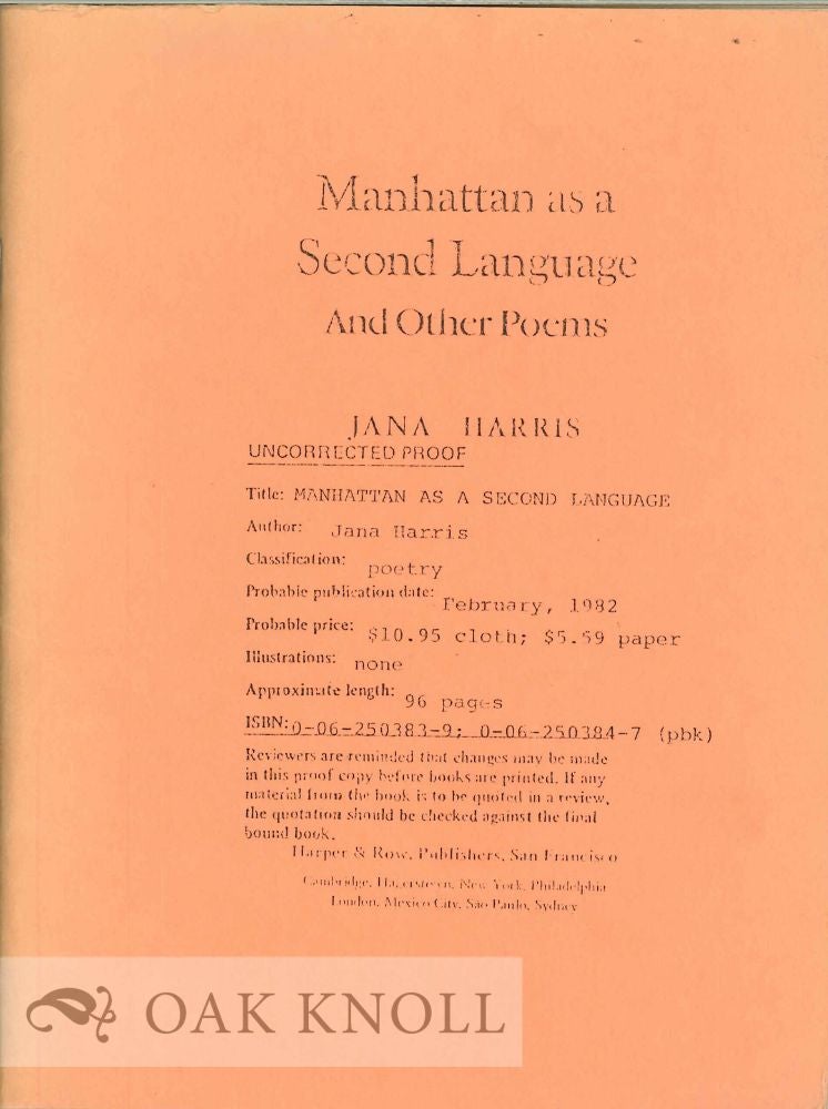 Order Nr. 112957 MANHATTAN AS A SECOND LANGUAGE AND OTHER POEMS. Jana Harris.