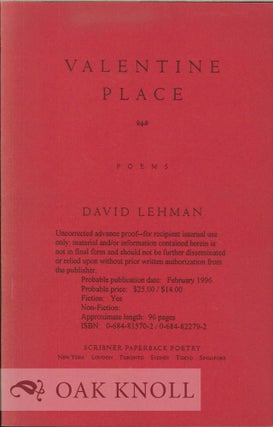 Order Nr. 113210 VALENTINE PLACE, POEMS. David Lehman