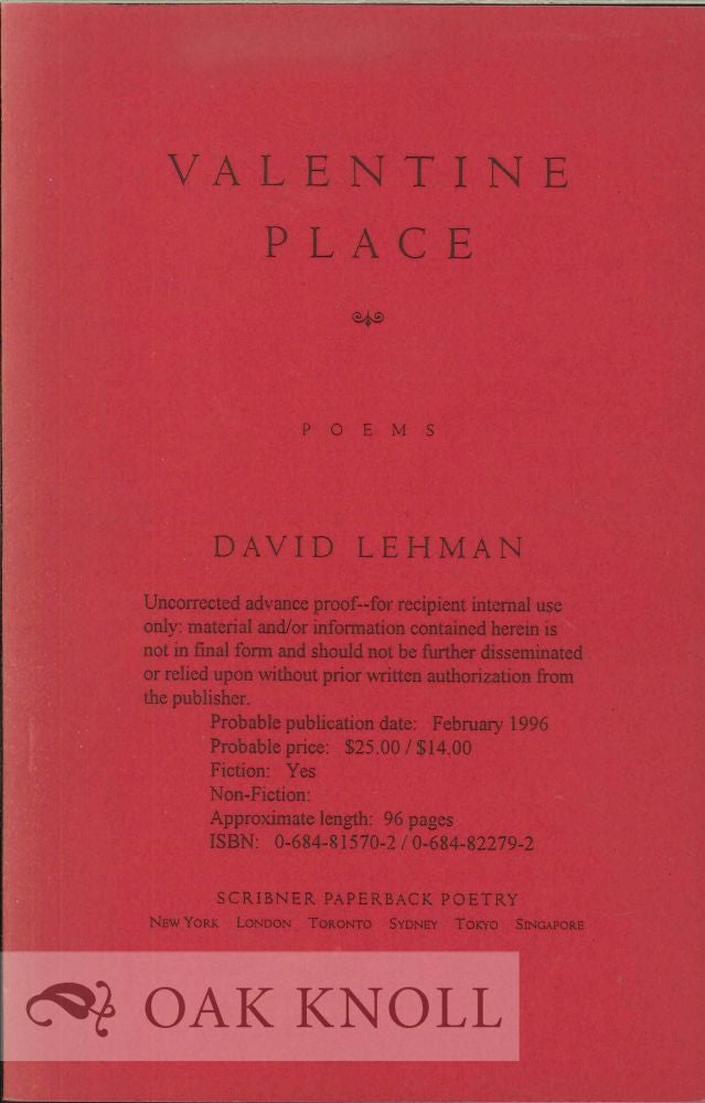 Order Nr. 113210 VALENTINE PLACE, POEMS. David Lehman.