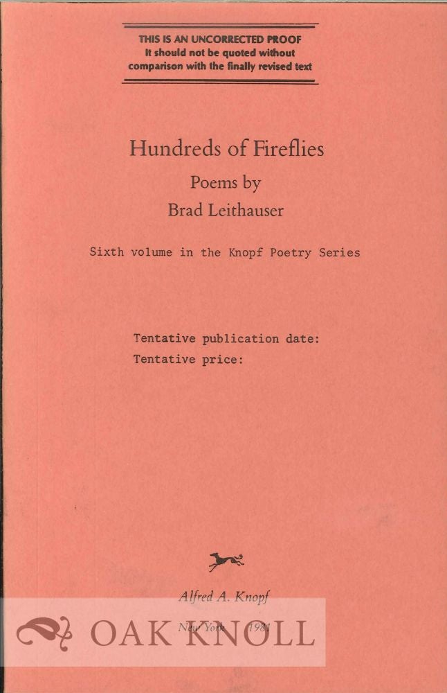 Order Nr. 113215 HUNDREDS OF FIREFLIES. POEMS. Brad Leithauser.