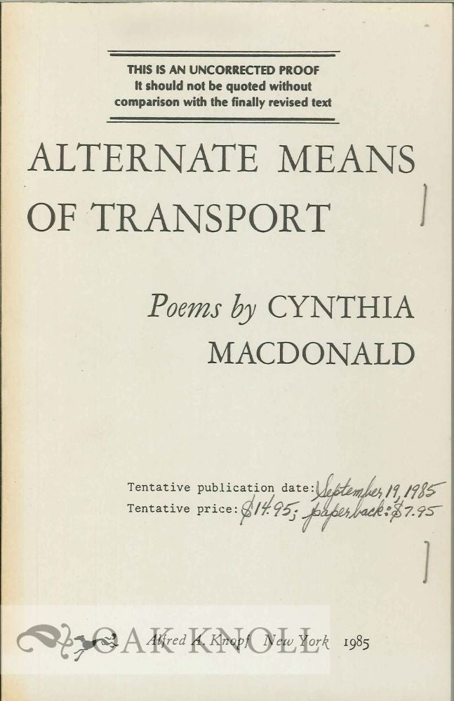 Order Nr. 113290 ALTERNATE MEANS OF TRANSPORT. Cynthia Macdonald.