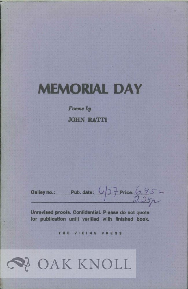 Order Nr. 113686 MEMORIAL DAY, POEMS. John Ratti.