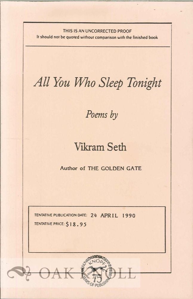 Order Nr. 113809 ALL YOU WHO SLEEP TONIGHT, POEMS. Vikram Seth.