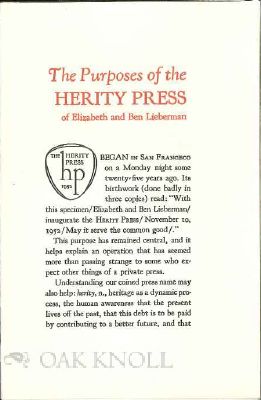 THE PURPOSES OF THE HERITY PRESS OF ELIZABETH AND BEN LIEBERMAN. Elizabeth and Ben Lieberman.