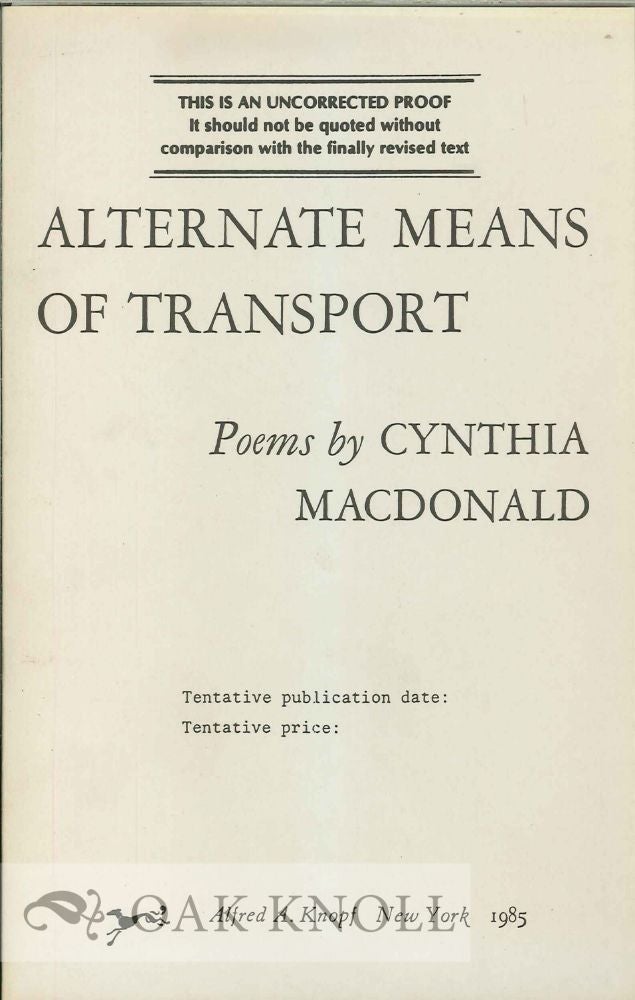 Order Nr. 120019 ALTERNATE MEANS OF TRANSPORT. Cynthia Macdonald.