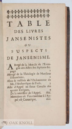 BIBLIOTHEQUE JANSENIST, OU CATALOGUE ALPHABETIQUE DES PRINCIPAUX LIVRES JANSENISTES, OU SUSPECTS DE JANSENISME, QUI ONT PARU DEPUIS LA NAISSANCE DE CETTE HÉRÉSIE.