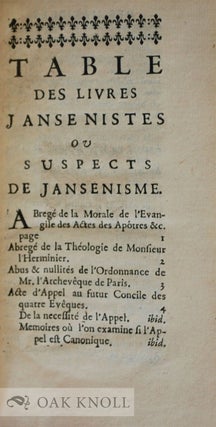 BIBLIOTHEQUE JANSENIST, OU CATALOGUE ALPHABETIQUE DES PRINCIPAUX LIVRES JANSENISTES, OU SUSPECTS DE JANSENISME, QUI ONT PARU DEPUIS LA NAISSANCE DE CETTE HÉRÉSIE.