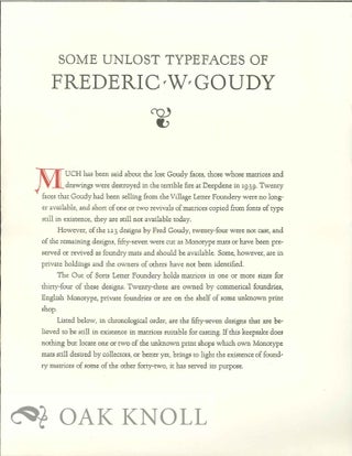 Order Nr. 125823 SOME UNLOST TYPEFACES OF FREDERIC W. GOUDY