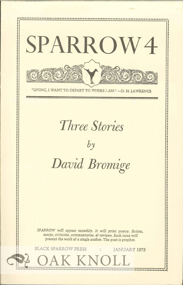 Order Nr. 127644 THREE STORIES. SPARROW 4. David Bromige.