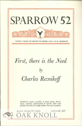 Order Nr. 127694 FIRST, THERE IS THE NEED. SPARROW 52. Charles Reznikoff
